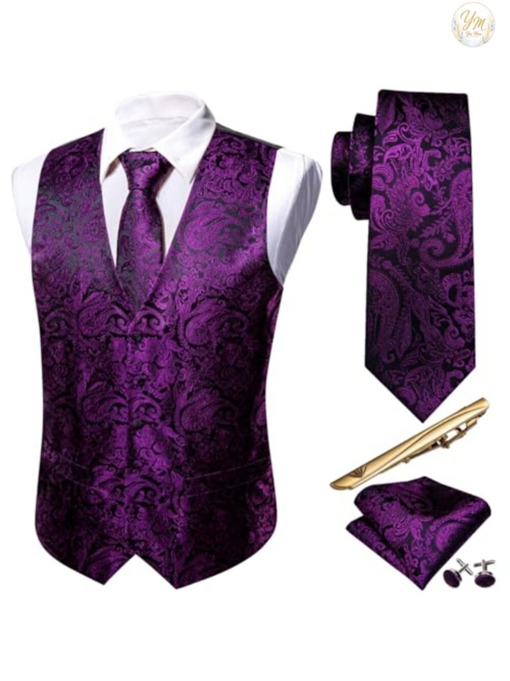 Men's 5-Piece Suit Vest Set with Silk Tie, Pocket Square, Cufflinks & Tie Clip